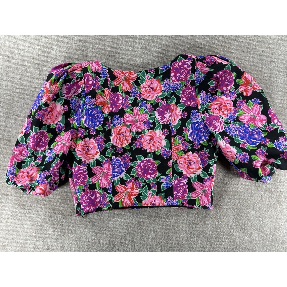 Zara Floral Crop Top Puff Sleeve Sweetheart Neckline Black Multicolor Women's S - Picture 2 of 6